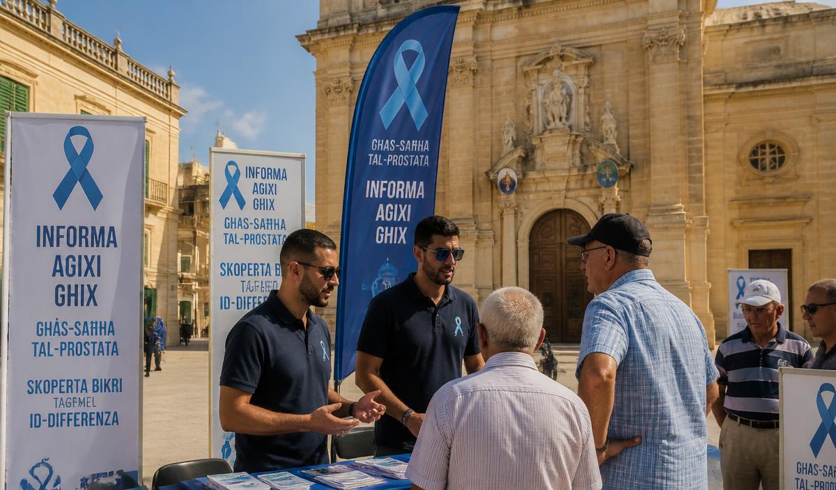 Association volunteers running a prostate awareness stand in a Maltese town square