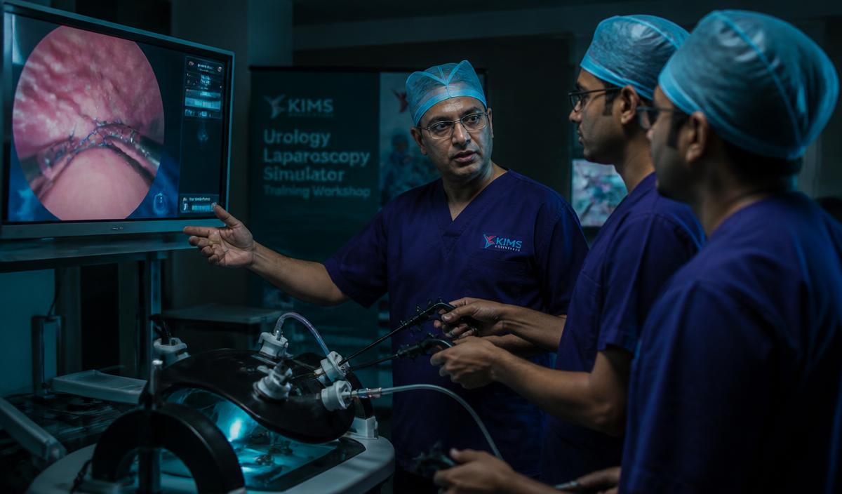 Consultant urologist teaching trainees on a laparoscopy simulator